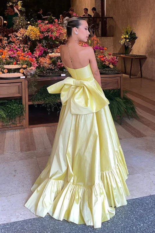 Elegant A-Line Strapless Sleeveless Bow Back Yellow Satin Floor-Length Prom Dress