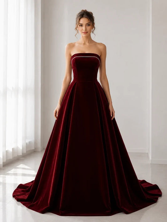 Elegant A-Line Strapless Sleeveless Burgundy Floor-Length Prom Dress
