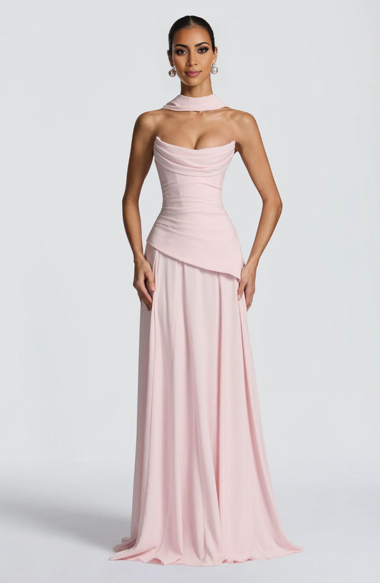 Elegant A-Line Strapless Sleeveless Draped Blushing Pink Floor-Length Prom Dress