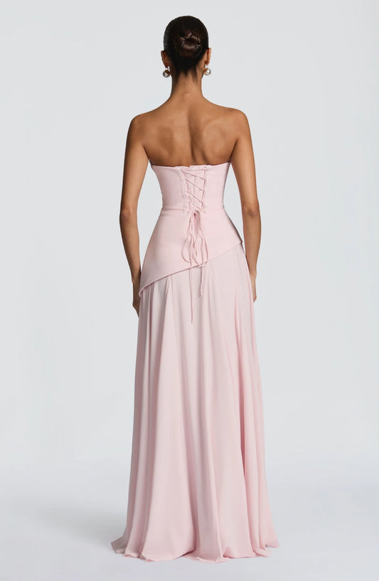 Elegant A-Line Strapless Sleeveless Draped Blushing Pink Floor-Length Prom Dress