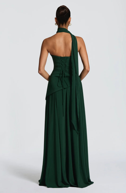 Elegant A-Line Strapless Sleeveless Draped Scarf Back Lace-Up Chiffon Dark Green Floor-Length Prom Dress