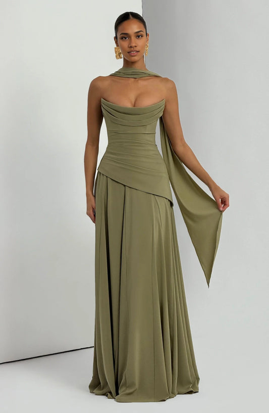 Elegant A-Line Strapless Sleeveless Draped Waist Floor-Length Prom Dress