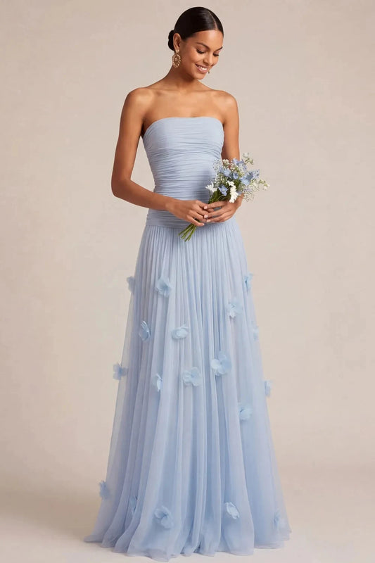 Elegant A-Line Strapless Sleeveless Floral Appliqued Ruched Chiffon Sky Blue Floor-Length Prom Dress