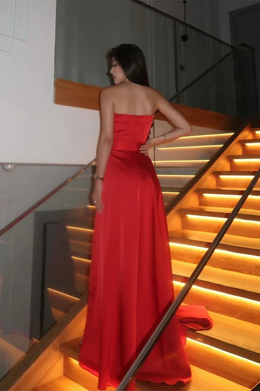 Elegant A-Line Strapless Sleeveless Floral High Slit High Low Evening Dress