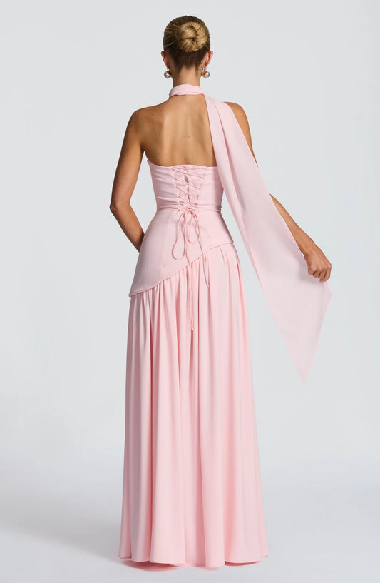 Elegant A-Line Strapless Sleeveless High Slit Asymmetrical Polyester Blushing Pink Floor-Length Prom Dress