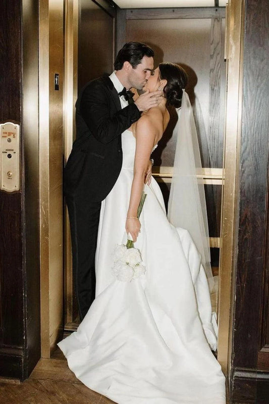 Elegant A-Line Strapless Sleeveless Satin Floor-Length Wedding Dress with High Slit