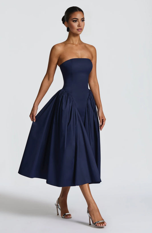 Elegant A-Line Strapless Sleeveless Pleated Corset Back Satin Navy Blue Tea-Length Party Dress
