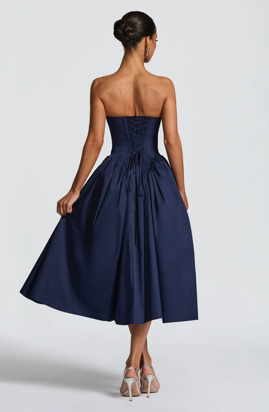 Elegant A-Line Strapless Sleeveless Pleated Corset Back Satin Navy Blue Tea-Length Party Dress