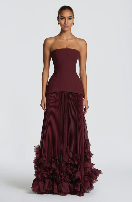 Elegant A-Line Strapless Sleeveless Pleated Floral Burgundy Floor-Length Prom Dress