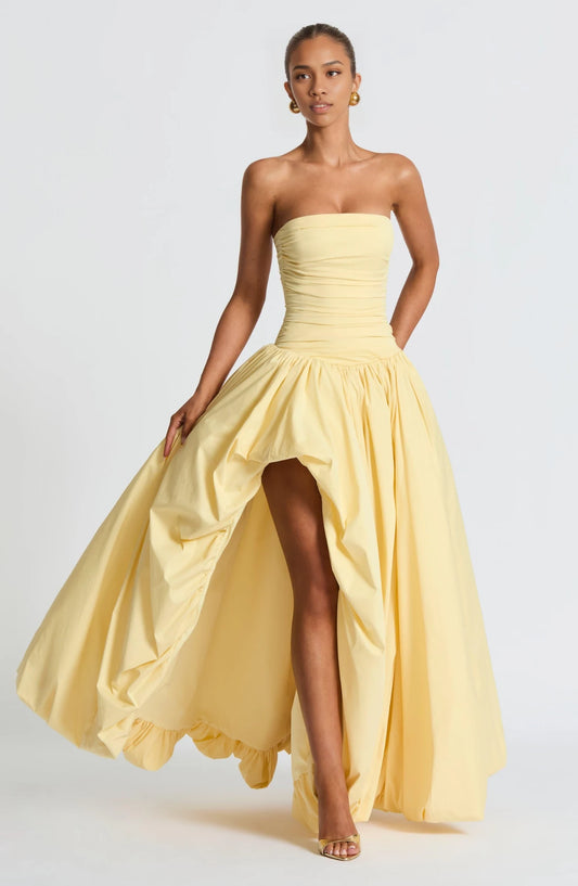 Elegant A-Line Strapless Sleeveless Ruched Bodice Lace-Up Back Polyester Lemon High Low Prom Dress