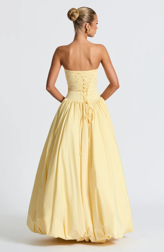Elegant A-Line Strapless Sleeveless Ruched Bodice Lace-Up Back Polyester Lemon High Low Prom Dress