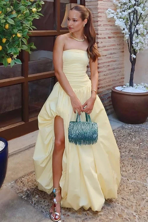 Elegant A-Line Strapless Sleeveless Ruched Floor-Length Prom Dress with High Slit