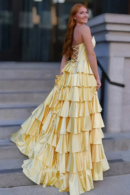 Elegant A-Line Strapless Sleeveless Ruffle Tiered Satin Long Prom Dress With Slit