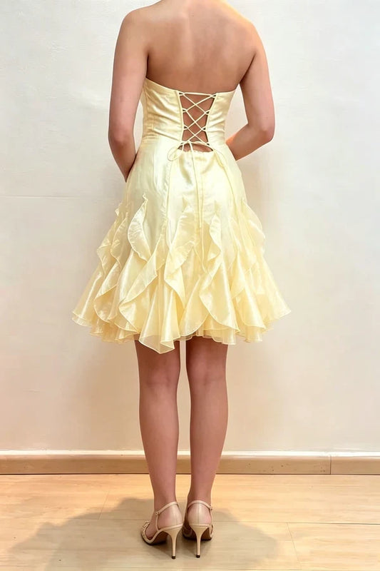 Elegant A-Line Strapless Sleeveless Ruffled Hem Lace Up Back Short Homecoming Dress