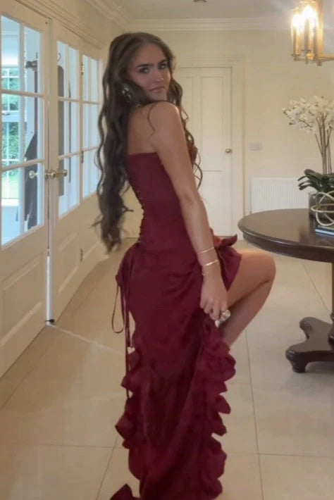 Elegant A-Line Strapless Sleeveless Ruffled High-Low Beaded Satin Burgundy Prom Dress