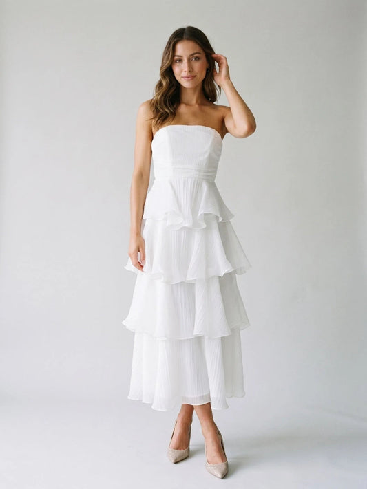 Elegant A-Line Strapless Sleeveless Tiered Ruffle Chiffon White Tea-Length Prom Party Dress