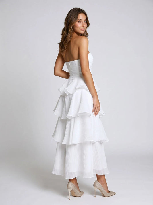 Elegant A-Line Strapless Sleeveless Tiered Ruffle Chiffon White Tea-Length Prom Party Dress