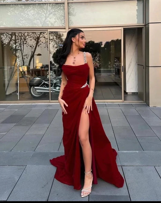 Elegant A-Line Straps Sleeveless Beaded Burgundy Floor-Length Evening Dress With Slit