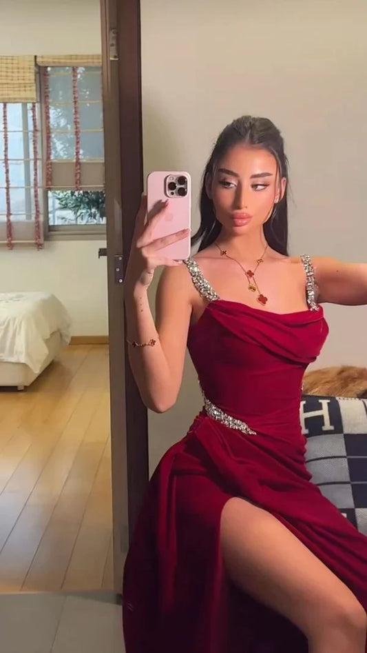 Elegant A-Line Straps Sleeveless Beaded Burgundy Floor-Length Evening Dress With Slit