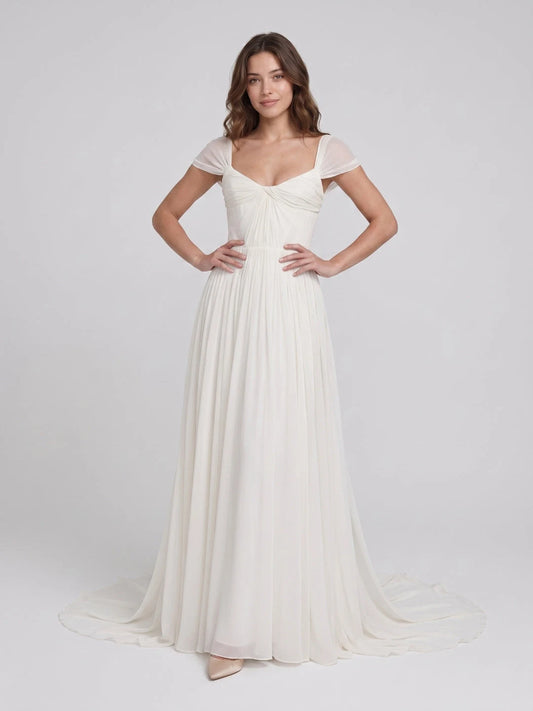 Elegant A-Line Sweetheart Cap Sleeve Flowy Pleated Chiffon Ivory Floor-Length Wedding Dress