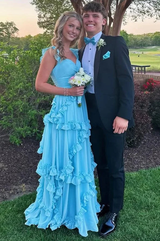 Elegant A-Line Sweetheart Cap Sleeve Ruffled Tiered Chiffon Sky Blue Floor-Length Prom Dress