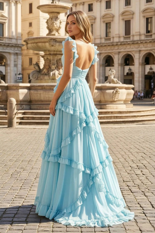Elegant A-Line Sweetheart Flutter Sleeves Tiered Ruffle Chiffon Sky Blue Floor-Length Prom Dress