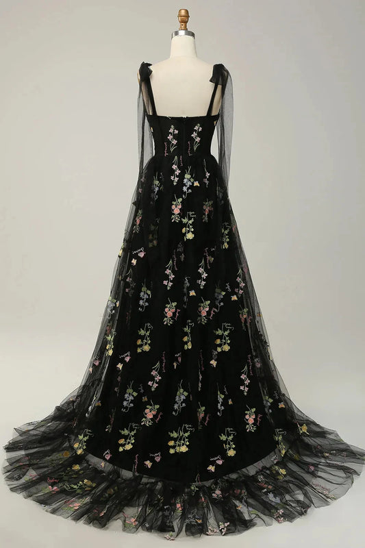 Elegant A-Line Sweetheart Long Sleeve Floral Embroidered Black Tulle Floor-Length Prom Dress
