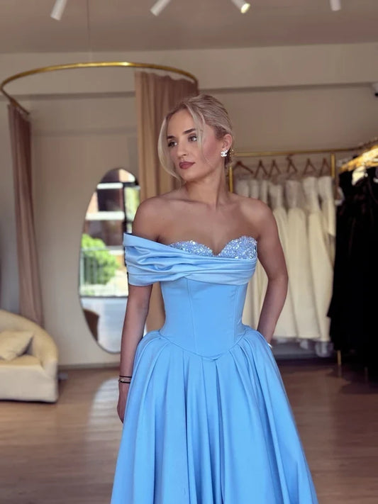 Elegant A-Line Sweetheart Off-the-Shoulder Draped Beaded Satin Blue Floor-Length Prom Dress