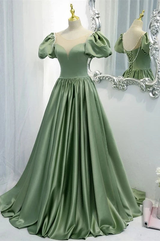 Elegant A-Line Sweetheart Puff Sleeve Pearl Embellished Satin Sage Floor-Length Prom Dress