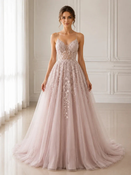 Elegant A-Line Sweetheart Sleeveless Appliques Lace-Up Back Tulle Floor-Length Prom Dress