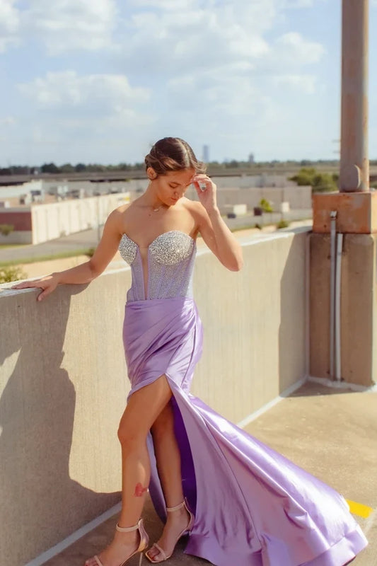 Elegant A-Line Sweetheart Sleeveless Beaded Bodice Floor-Length Prom Dress With Slit