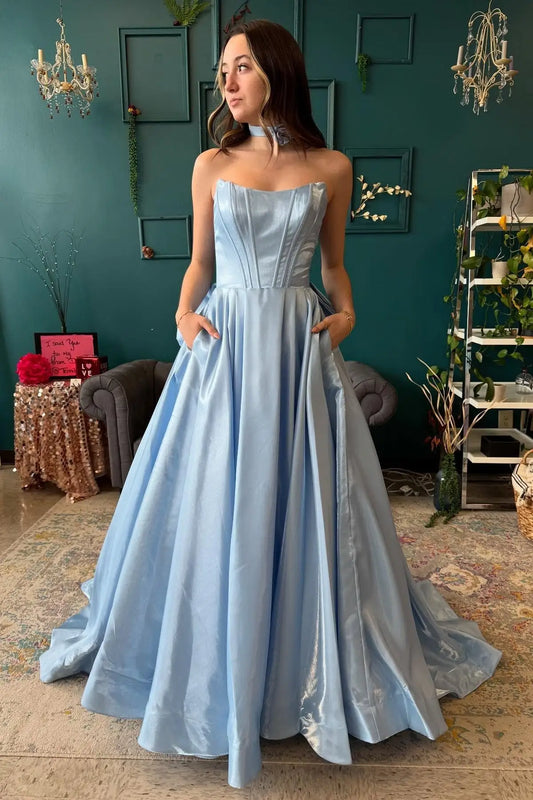 Elegant A-Line Sweetheart Sleeveless Big Bow Back Satin Sky Blue Floor-Length Prom Dress