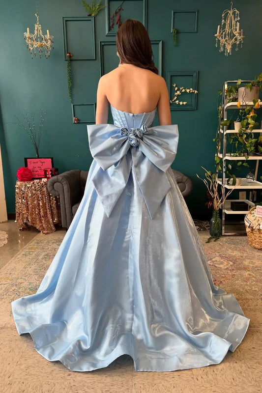 Elegant A-Line Sweetheart Sleeveless Big Bow Back Satin Sky Blue Floor-Length Prom Dress
