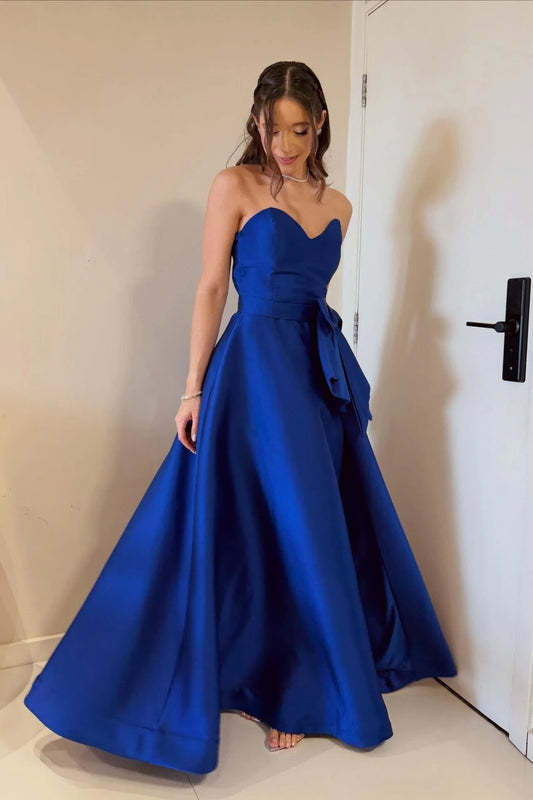 Elegant A-Line Sweetheart Sleeveless Bow-Knot Slit Satin Royal Blue Floor-Length Prom Dress