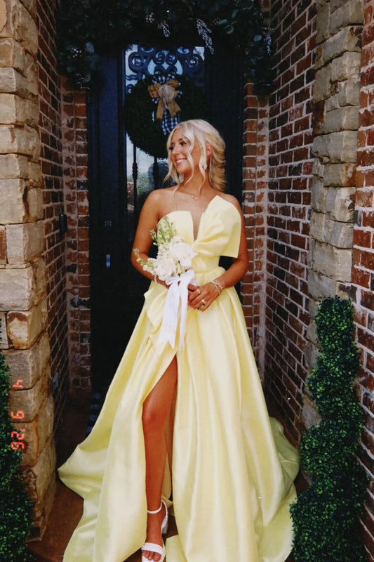 Elegant A-Line Sweetheart Sleeveless Bow Detail High Slit Satin Daffodil Floor-Length Prom Dress