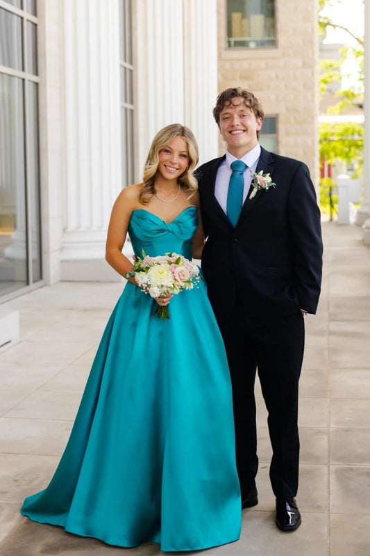 Elegant A-Line Sweetheart Sleeveless Chic Simple Satin Turquoise Floor-Length Prom Dress