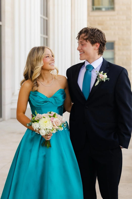 Elegant A-Line Sweetheart Sleeveless Chic Simple Satin Turquoise Floor-Length Prom Dress