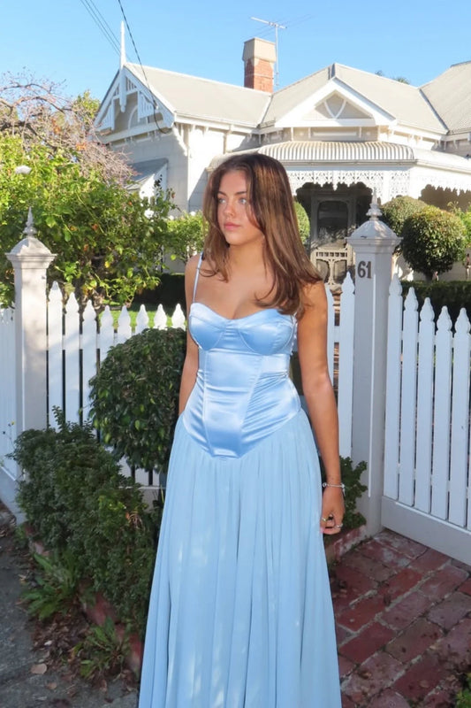 Elegant A-Line Sweetheart Sleeveless Corset Bodice Pleated Satin Sky Blue Floor-Length Prom Dress