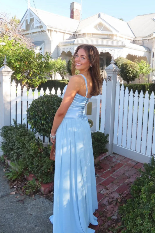 Elegant A-Line Sweetheart Sleeveless Corset Bodice Pleated Satin Sky Blue Floor-Length Prom Dress
