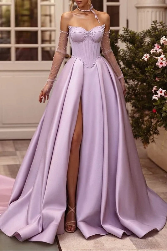 Elegant A-Line Sweetheart Sleeveless Corset Bodice Satin Long Prom Dress with Slit