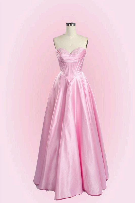 Elegant A-Line Sweetheart Sleeveless Corset Bodice Satin Pink Floor-Length Prom Dress
