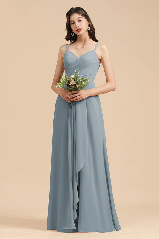 Elegant A-Line Sweetheart Sleeveless Draped Bodice Chiffon Steel Blue Floor-Length Prom Dress