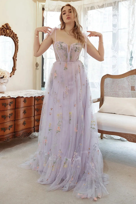 Elegant A-Line Sweetheart Sleeveless Embroidered Floral Tulle Lavender Floor-Length Prom Dress