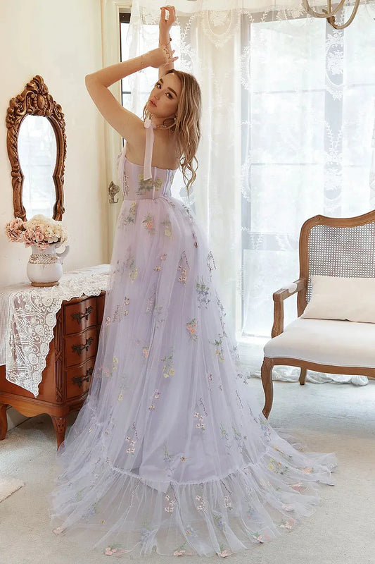 Elegant A-Line Sweetheart Sleeveless Embroidered Floral Tulle Lavender Floor-Length Prom Dress