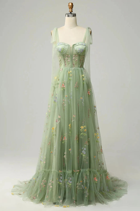 Elegant A-Line Sweetheart Sleeveless Embroidered Floral Tulle Sage Floor-Length Prom Dress