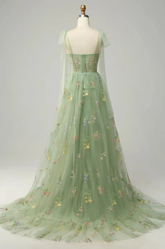 Elegant A-Line Sweetheart Sleeveless Embroidered Floral Tulle Sage Floor-Length Prom Dress