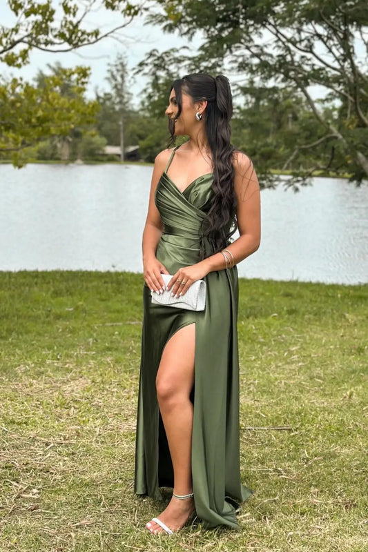 Elegant A-Line Sweetheart Sleeveless High Slit Lace-Up Back Satin Dark Green Floor-Length Prom Dress