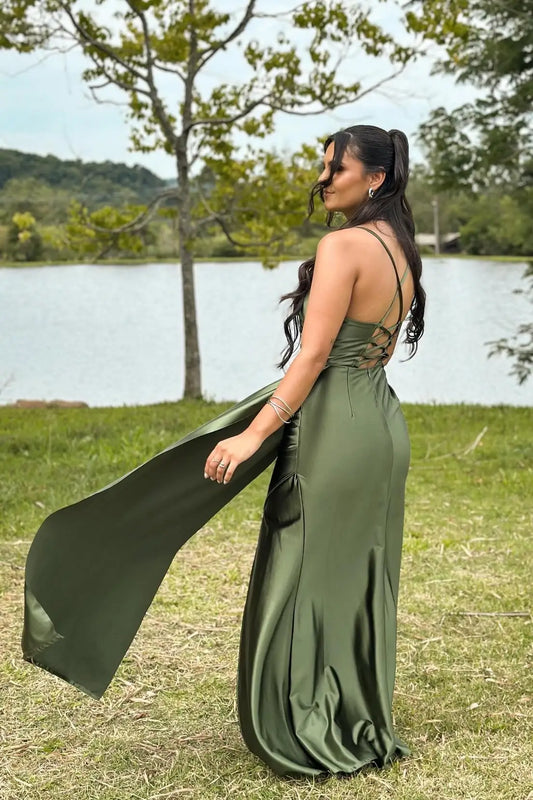 Elegant A-Line Sweetheart Sleeveless High Slit Lace-Up Back Satin Dark Green Floor-Length Prom Dress