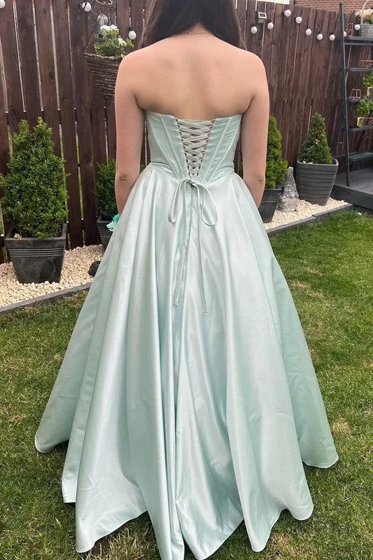 Elegant A-Line Sweetheart Sleeveless Lace-Up Back Satin Floor-Length Prom Dress