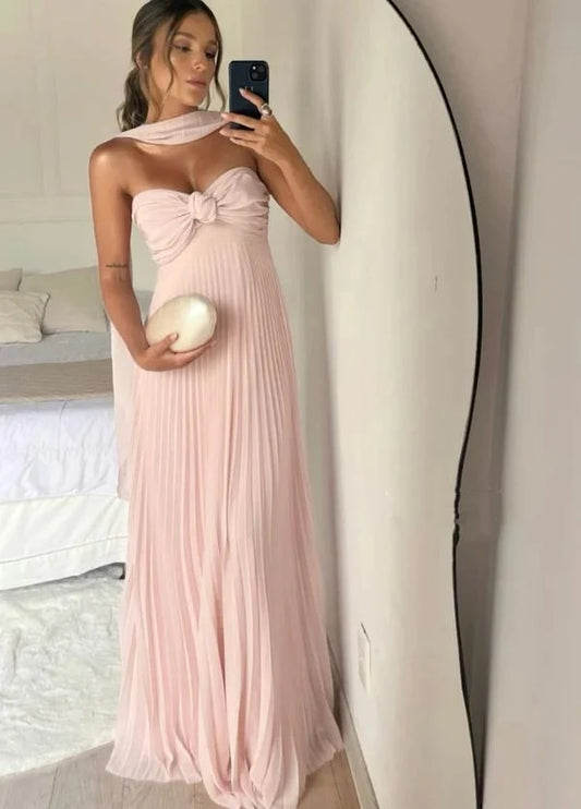 Elegant A-Line Sweetheart Sleeveless Pleated Bow Chiffon Blushing Pink Floor-Length Prom Dress